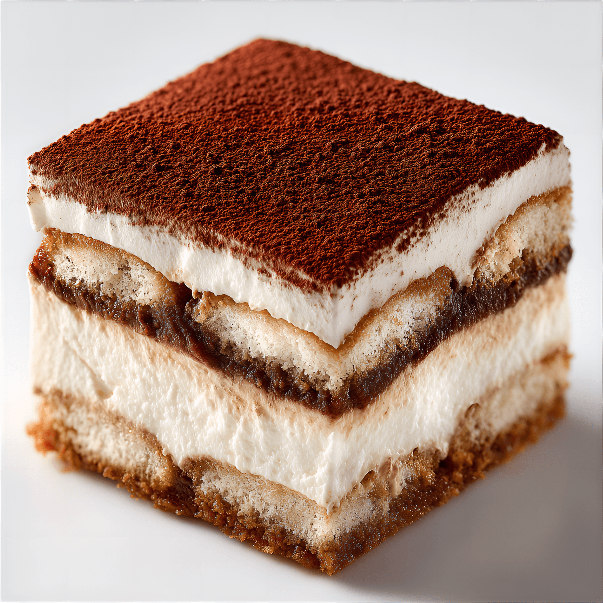 AI generated: square slice of tiramisu,  light beige/cream colored mascarpone filling between layers of ladyfinger...