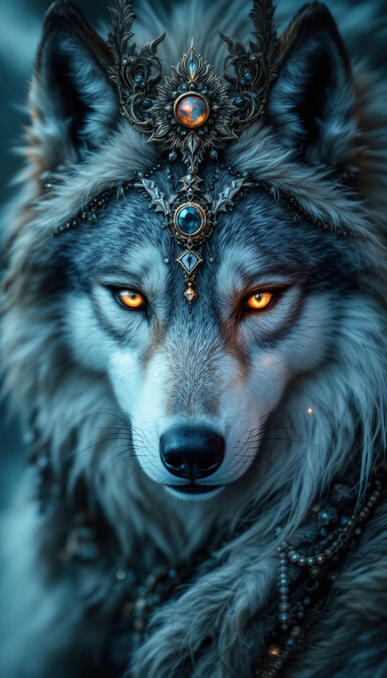 AI generated: Face of a fantasy angel wolf in heaven, many accessories, detailled, face