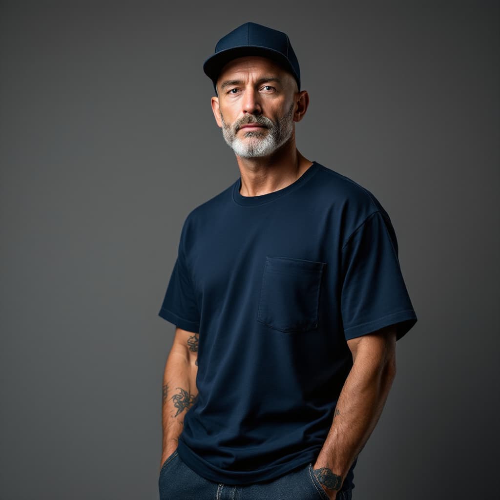 AI generated: photograph, front view, professional model, man, shaved hair and neat beard with snapback-cap, stand...