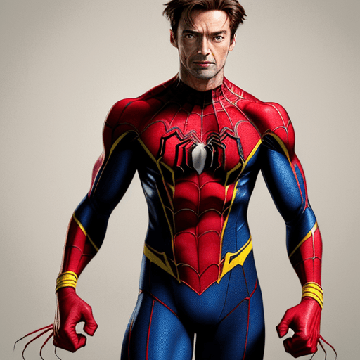 AI generated: HUGH JACKMAN IN A YELLOW,red AND BLUE WOLVERINE/SPIDER-MAN COSTUME