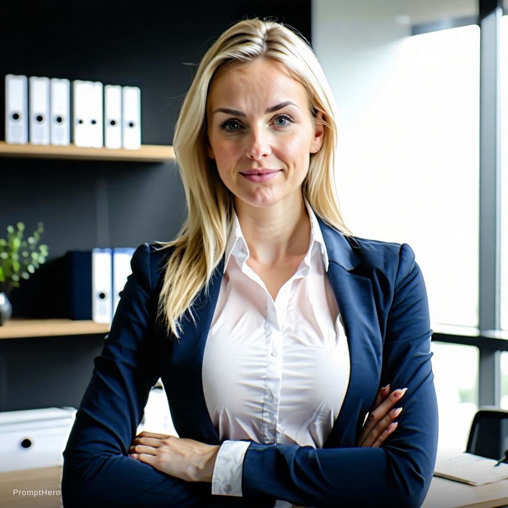 AI generated: Secretary outfit, blonde, in office