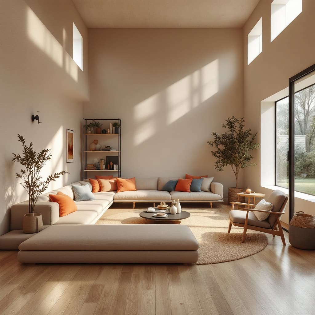 AI generated: High resolution photography interior design, dreamy sunken living room conversation pit, wooden floo...