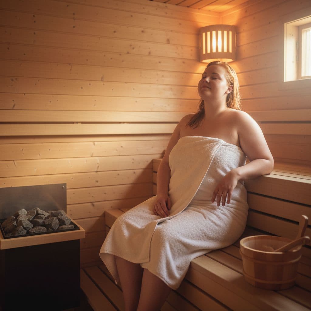 AI generated: Voluptuous-Young-Woman-Relaxing-in-Finnish-Sauna