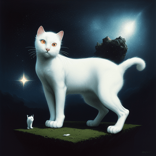AI generated: white cat with black splotches, fantasy, stars in sky, in the style of zdzislaw beksinski