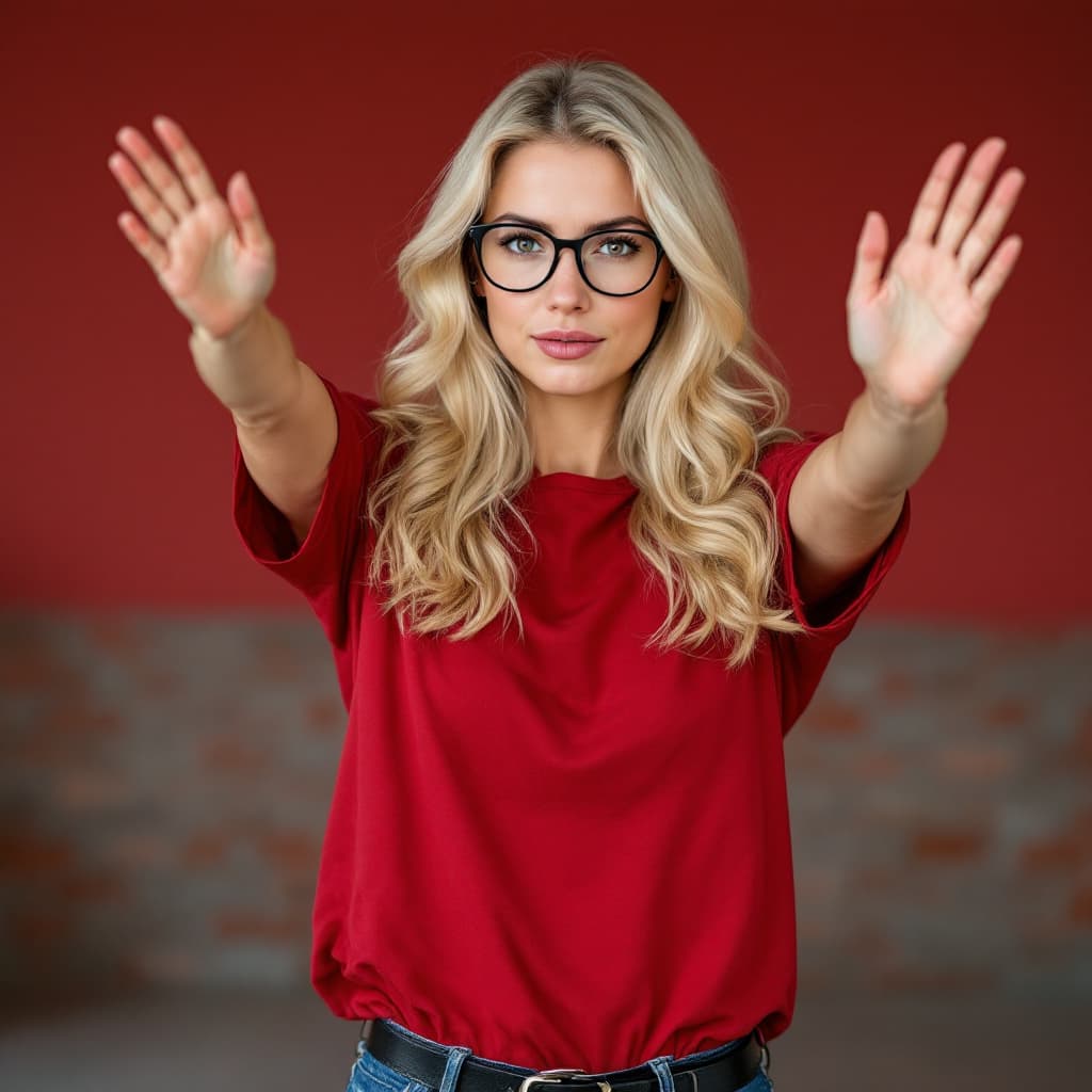AI generated: 26 yo  German teacher woman with light brown eyes and glasses in the face and raise up arms and smoo...