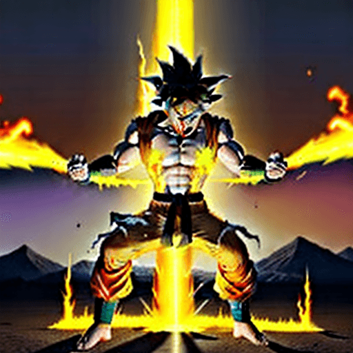 AI generated: Dbz: Goku like character, extra long yellow hair, fighting at war, extrame rage, berserk, screaming,...