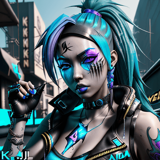 AI generated: League of legends KDA Akali rapper and singer, cyberpunk, outdoor, street, ice blue, hyperrealism, p...