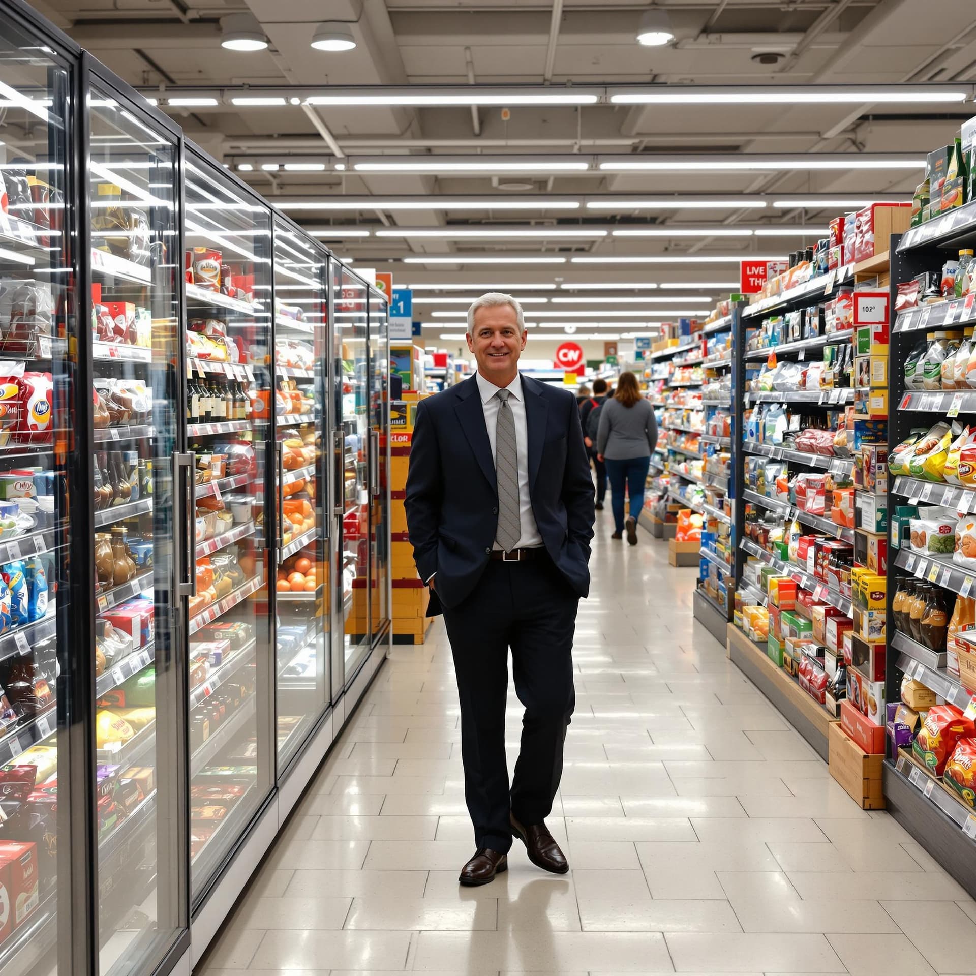 AI generated: In the photo we see how the chief regional administrator of chain grocery stores enters the store in...