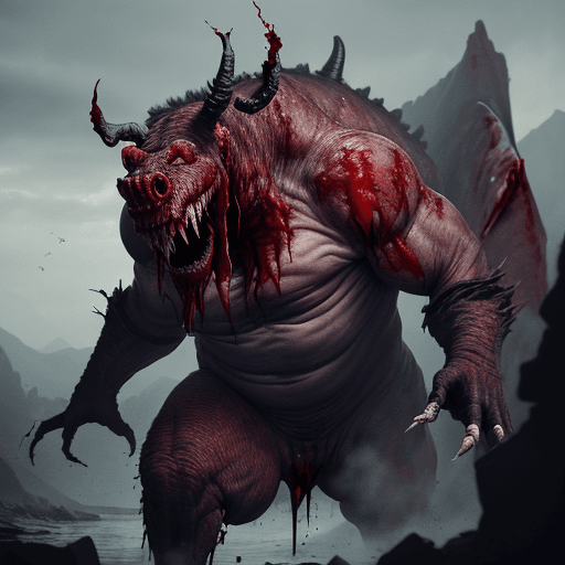 AI generated:  high quality foto of a disfigured bloody dangerous enormous beast without eyes, long fingers and br...