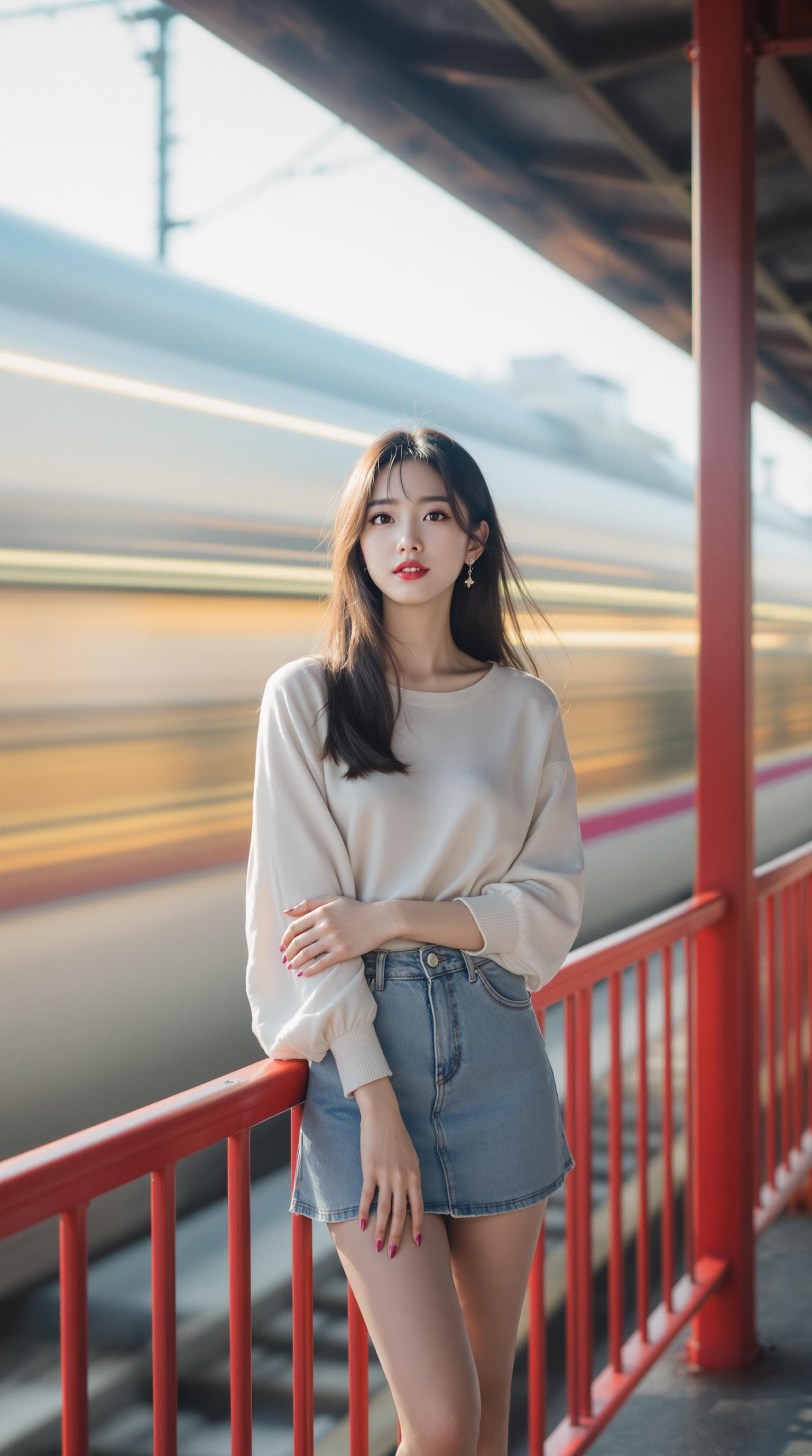 AI generated: A Korean woman stands confidently on a vibrant red railing, dressed in a casual mini skirt and loose...