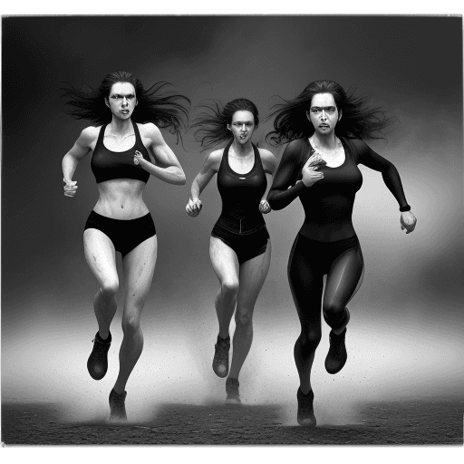 AI generated: NSWF, black and white photograph of women running, in the style of intense gaze, hauntingly beautifu...