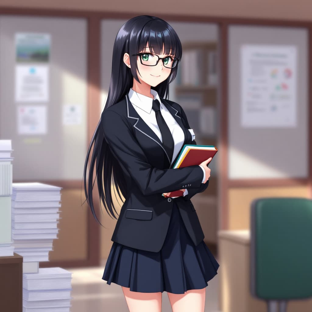 AI generated:  woman, black hair, long hair, green eyes, black glasses, red lips, white shirt, black tie, black bl...
