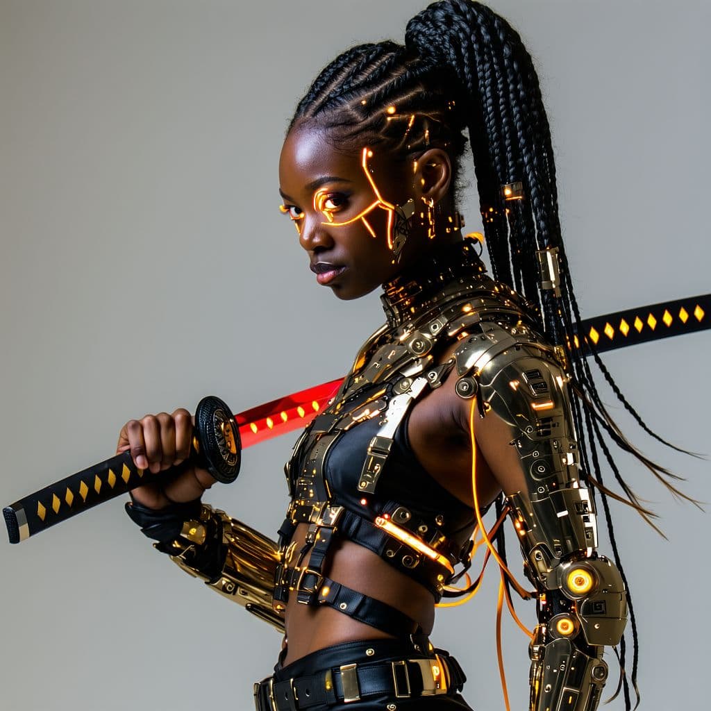 AI generated: 
avant-garde, futuristic fashion look with a sci-fi and cyberpunk influence.  adorned in intricate ...