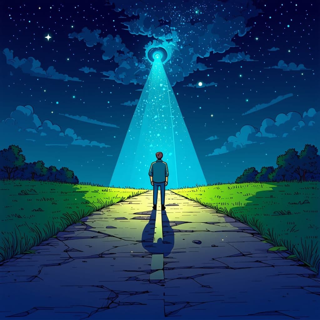 AI generated: A man with a flashlight illuminates the path ahead, but further on there is a fork in the road. Nigh...
