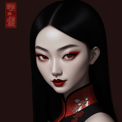 AI generated: Chinese ink style portrait of Chinese photographer Zhang Jingna, wearing a black dress and red lipst...
