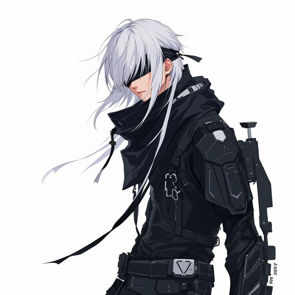 AI generated: YoRHa No.2 Type B, NieR:Automata, A little younger boy 17 years(white long hair, black combat unifor...