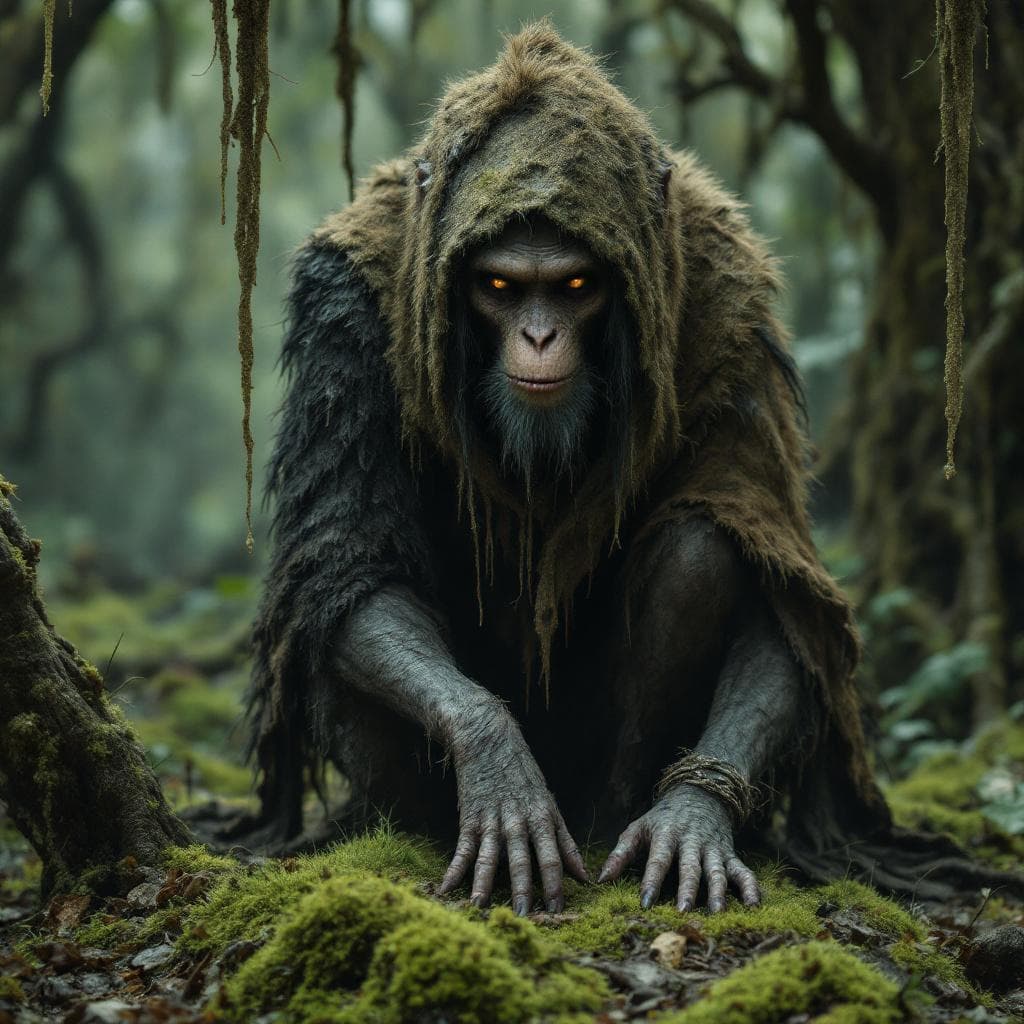 AI generated: hominid female wearing  various animal pelts covering her,  crouching on mossy ground surrounded by ...