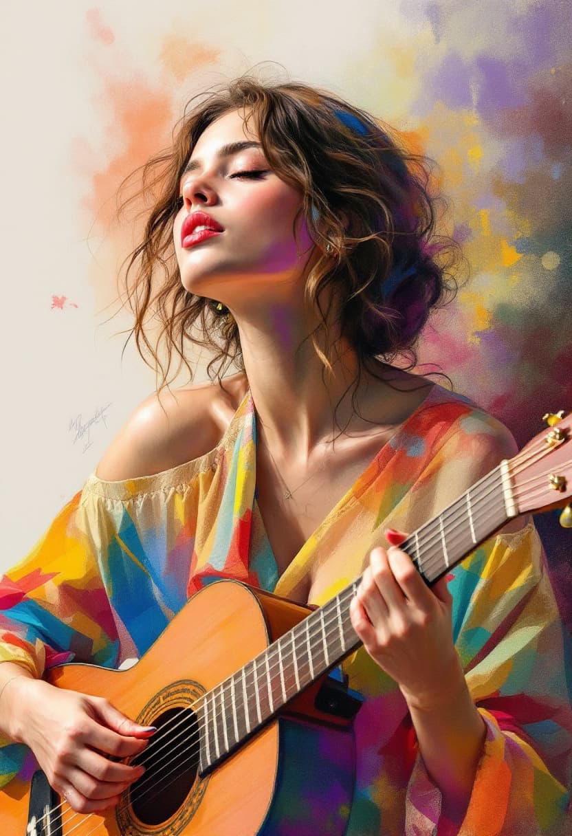 AI generated: Sketch Art, Beautiful Colored Pencil Line, Artistic Brush Strokes, Beautiful, Woman Playing Guitar, ...