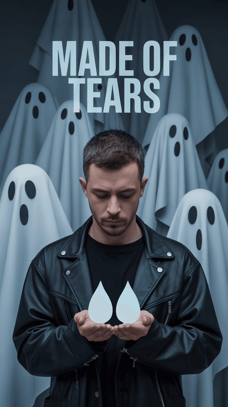 AI generated: Album Cover of A depressive man holding holographic tears in his hands against a tilling pattern of ...
