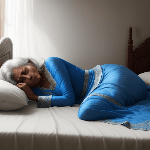 AI generated: Photo of a ultra realistic Indian woman in her 50s, in a blue gown, sleeping on a bed with white lin...