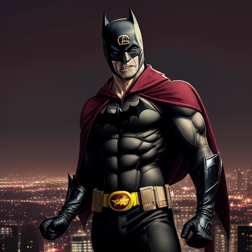 AI generated: batman suit... yellow gloves and boots and belt, with sunglasses and a backwards baseball cap hat,wi...