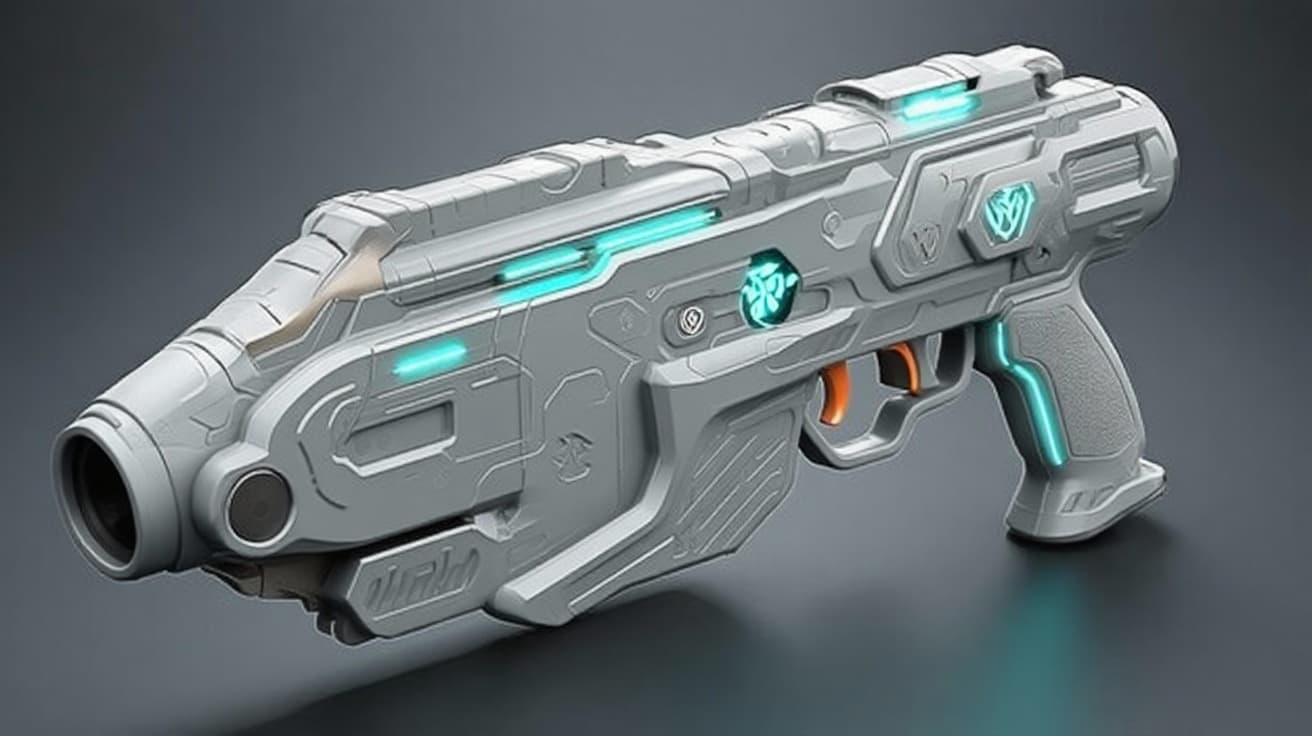 AI generated: Design a chunky, clearly fictional Wisp Pistol for Our’World: Long, bulky, broad muzzle, soft rubber...