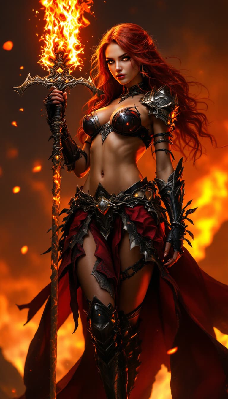 AI generated: A majestic full-body portrait of a breathtakingly beautiful girl with a glowing flaming greatsword, ...