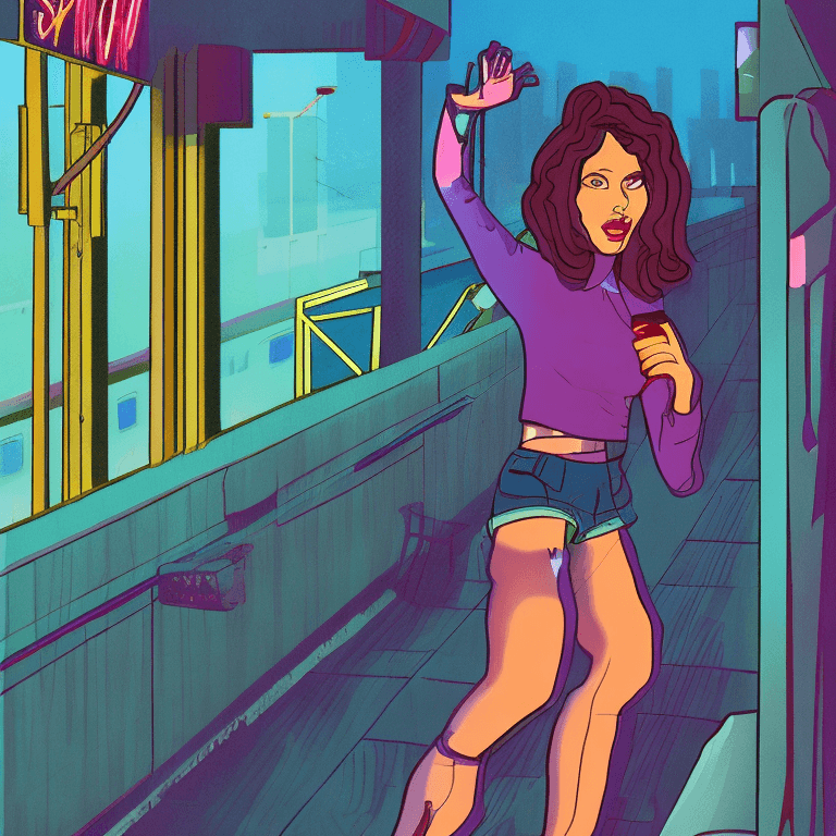 AI generated: A synthwave girl in Los Angeles at night, Synthwave aesthetic. Art by Don Bluth