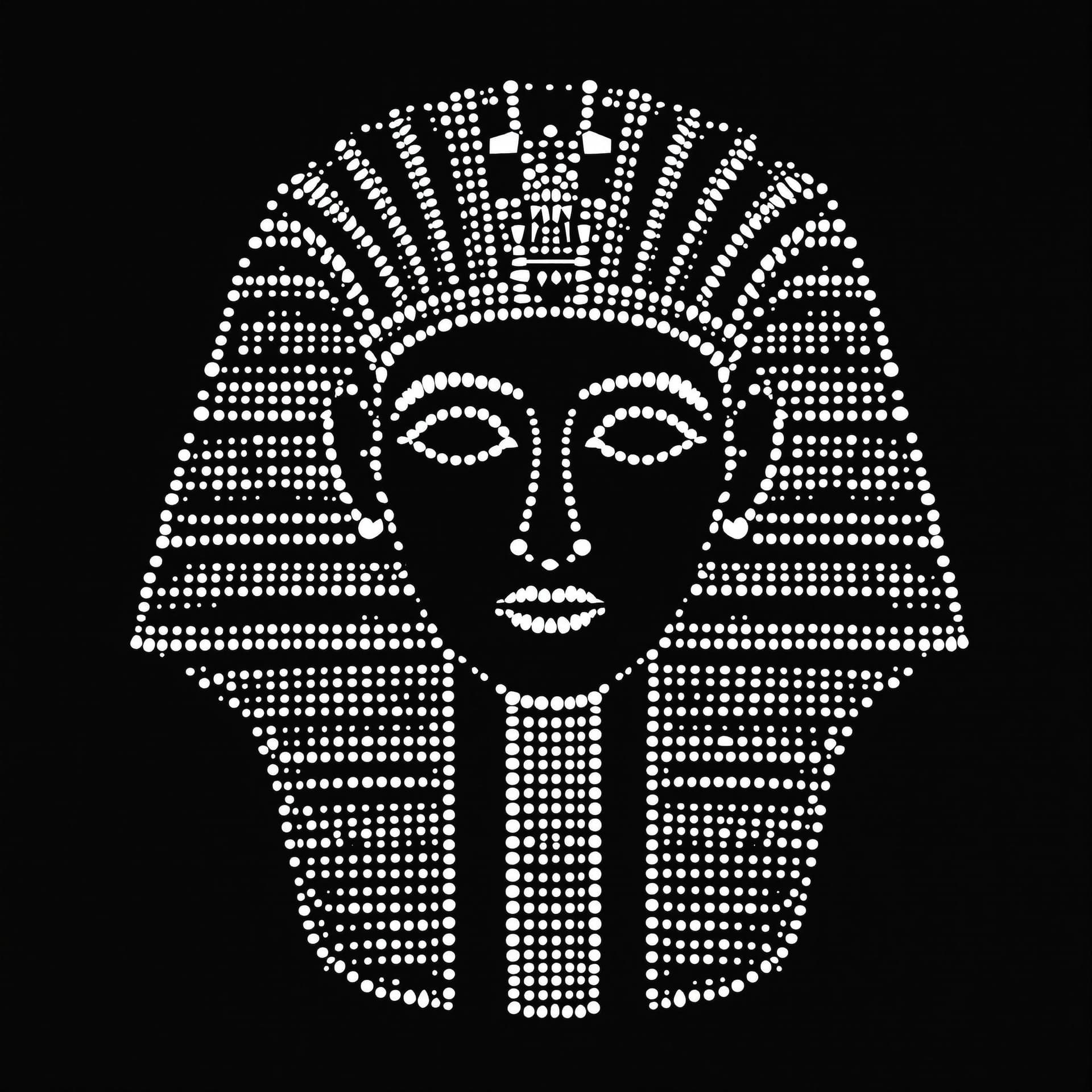 AI generated: "Simple white dots forming the shape of King Ramses' face, flat design, vector illustration, on blac...