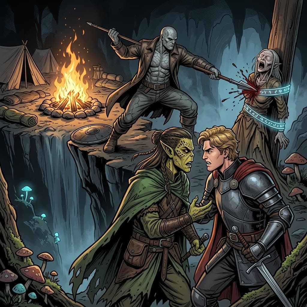 AI generated: a male githzerai argues with a human male knight as a stone golem fighter throws a spear through the...