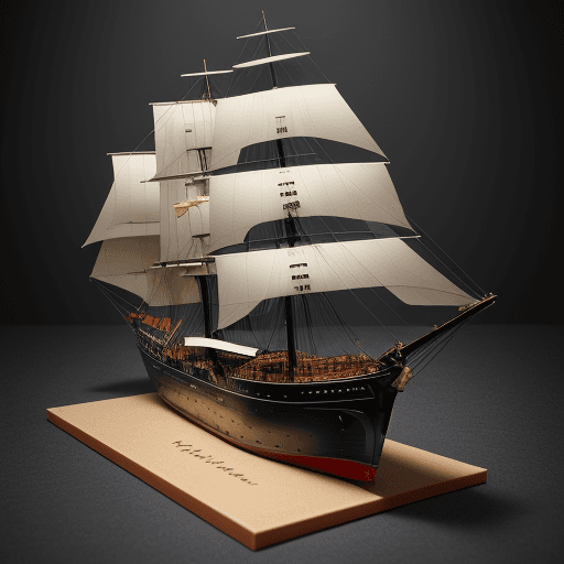 AI generated: Photo of a ultra realistic sailing ship, black gift box, open box 