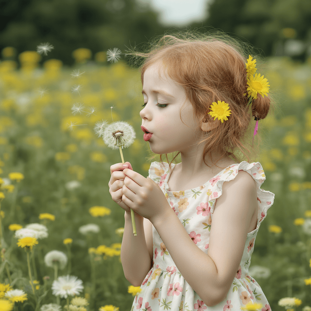 AI generated: Beautiful portrait of an 11-year-old girl, dressed in a cute floral print dress, standing in a field...