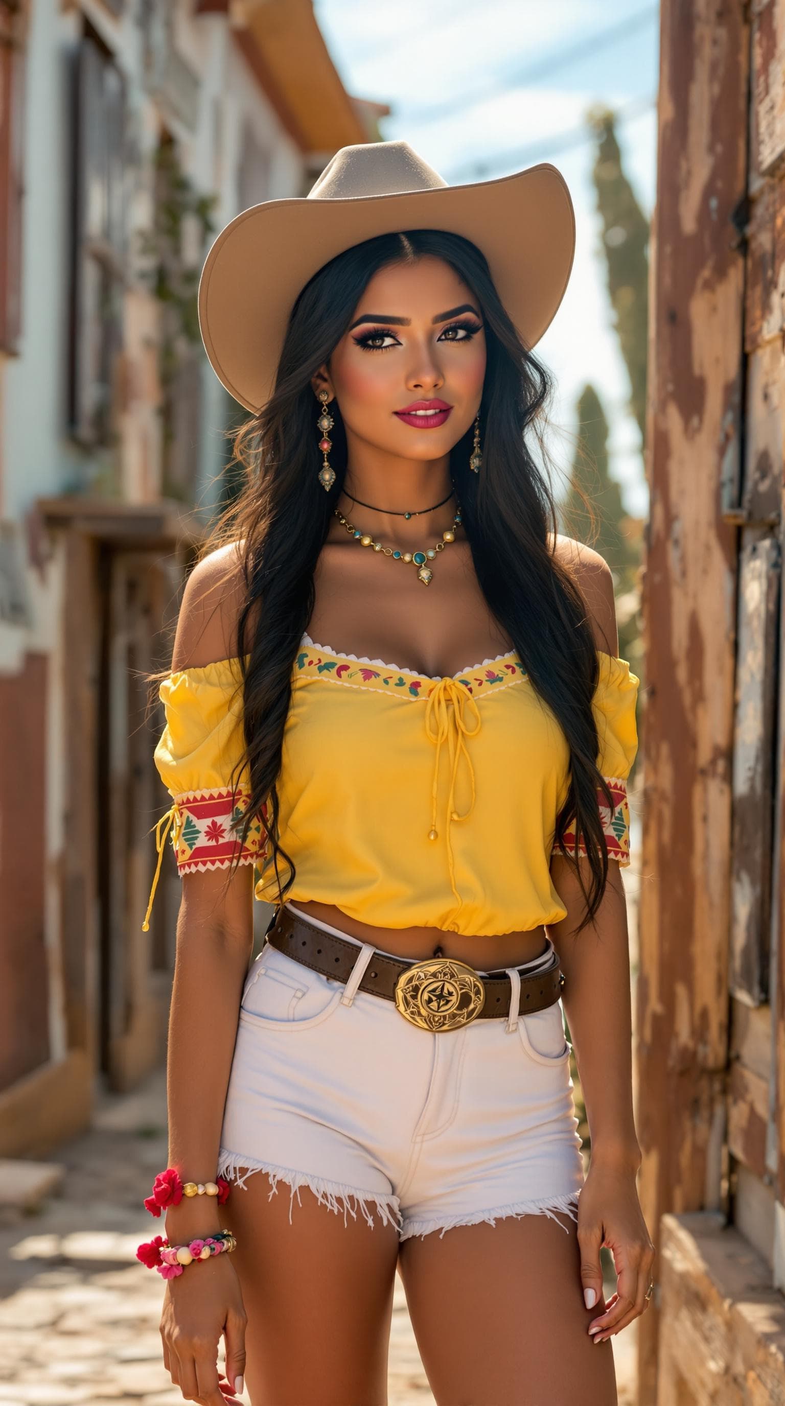 AI generated: Most beautiful Indian girl standing in western outfit yellow top and white shorts