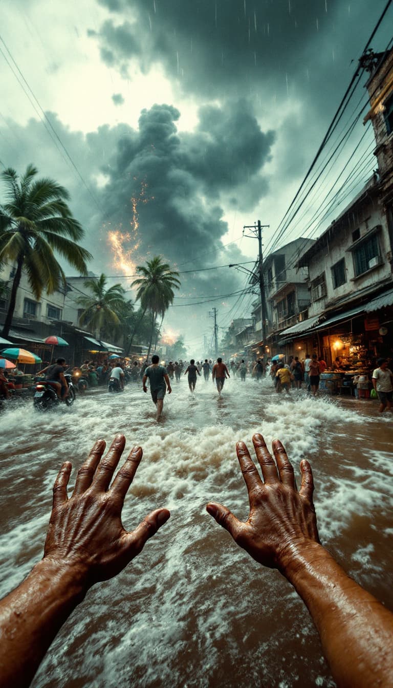 AI generated: First-person POV from a flooded coastal street during the 2004 tsunami. The camera shows the charact...