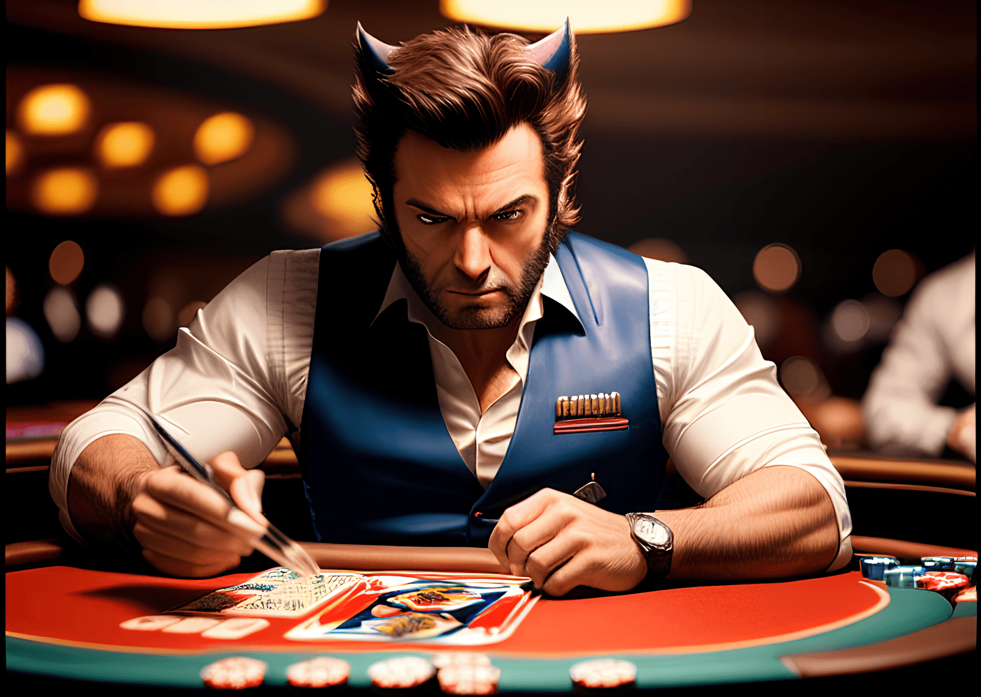 AI generated: Vintage Scene of Wolverine playing poker at the poker table in a Casino, photorealism, intricate det...