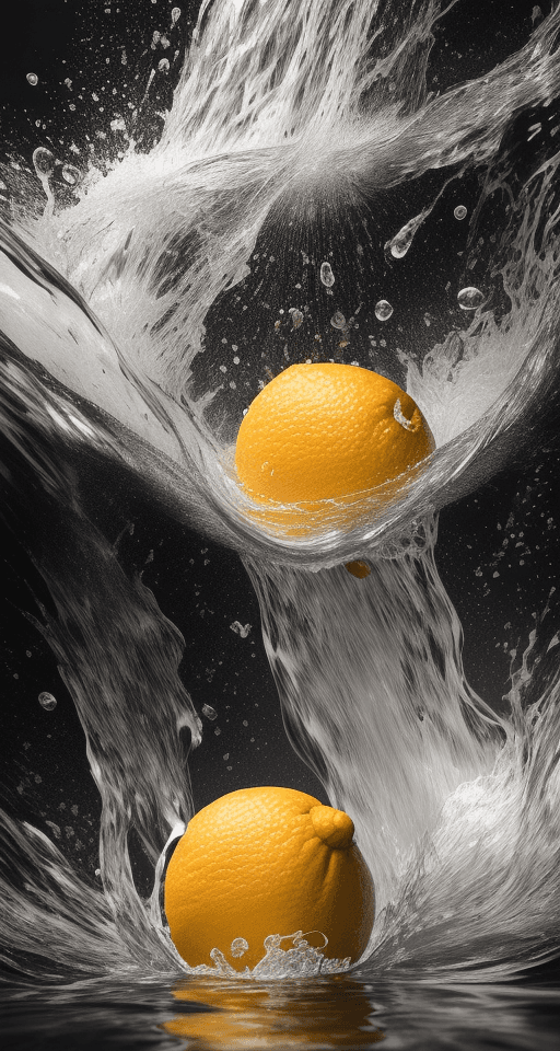 AI generated: Ultradetailed photo of citrus fruits falling into water