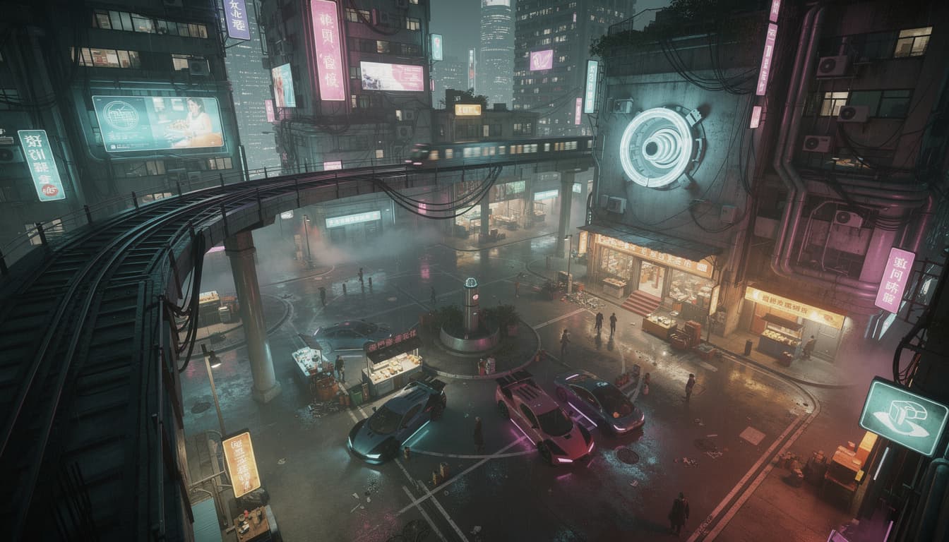 AI generated: Ultra-detailed cyberpunk city plaza at night, viewed from high angle, dense vertical architecture, s...