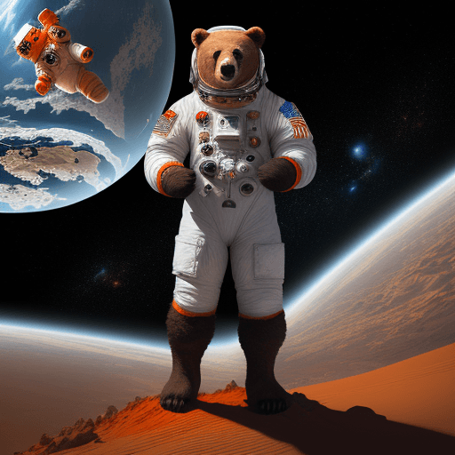 AI generated: a bear is in space suit, standing in the dirt, in the style of fantasy art, dark white and dark oran...