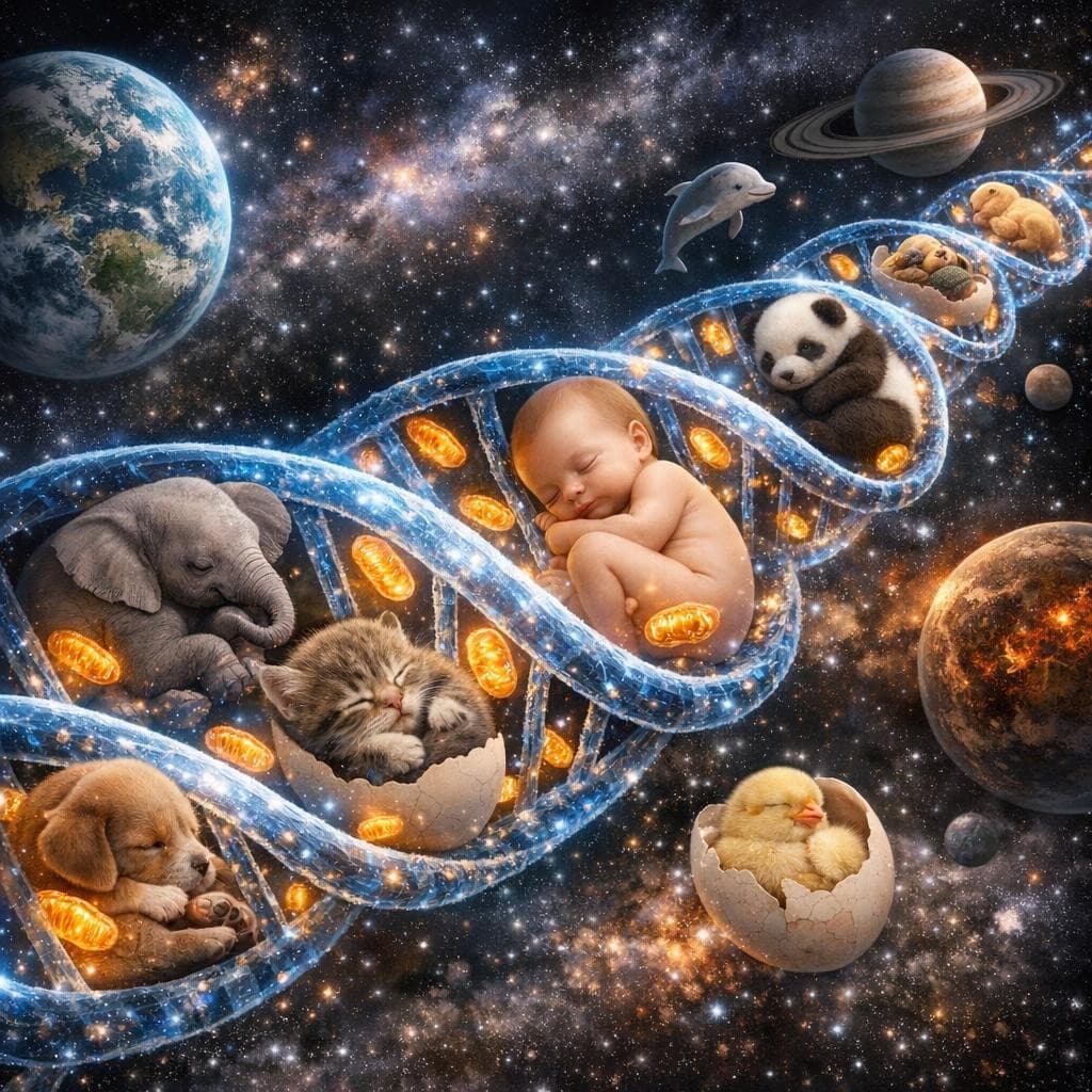 AI generated: mitochondria in the DNA pulsing through it in the form of young babies of all species of life on Ear...