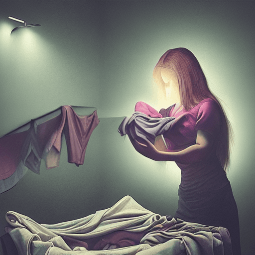 AI generated: Lilith demon folding laundry, night time, Hyper realistic, realistic lighting, noblur