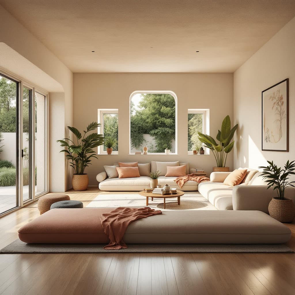 AI generated: High resolution photography interior design, dreamy sunken living room conversation pit, wooden floo...