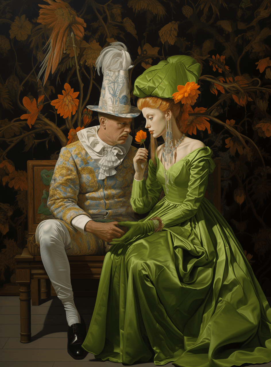AI generated: a painting of a couple talking, woman holding a flower in her hand, in the style of jan van eyck, em...