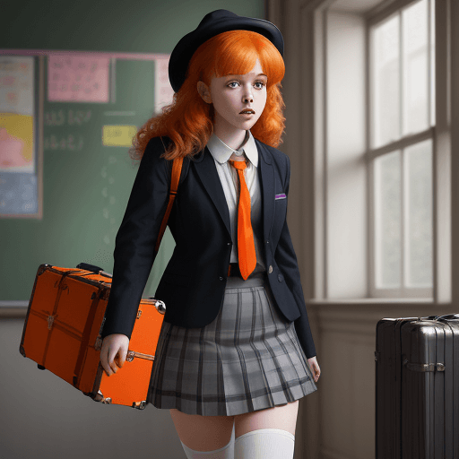 AI generated: masterpiece, mid shot, arafly dressed woman with orange hair and a suitcase, a portrait inspired by ...