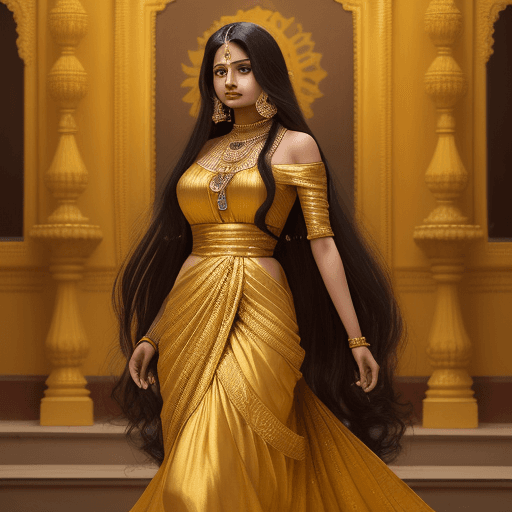 AI generated: a woman with long flowing hair in gold dress, in the style of photorealistic paintings, indian scene...