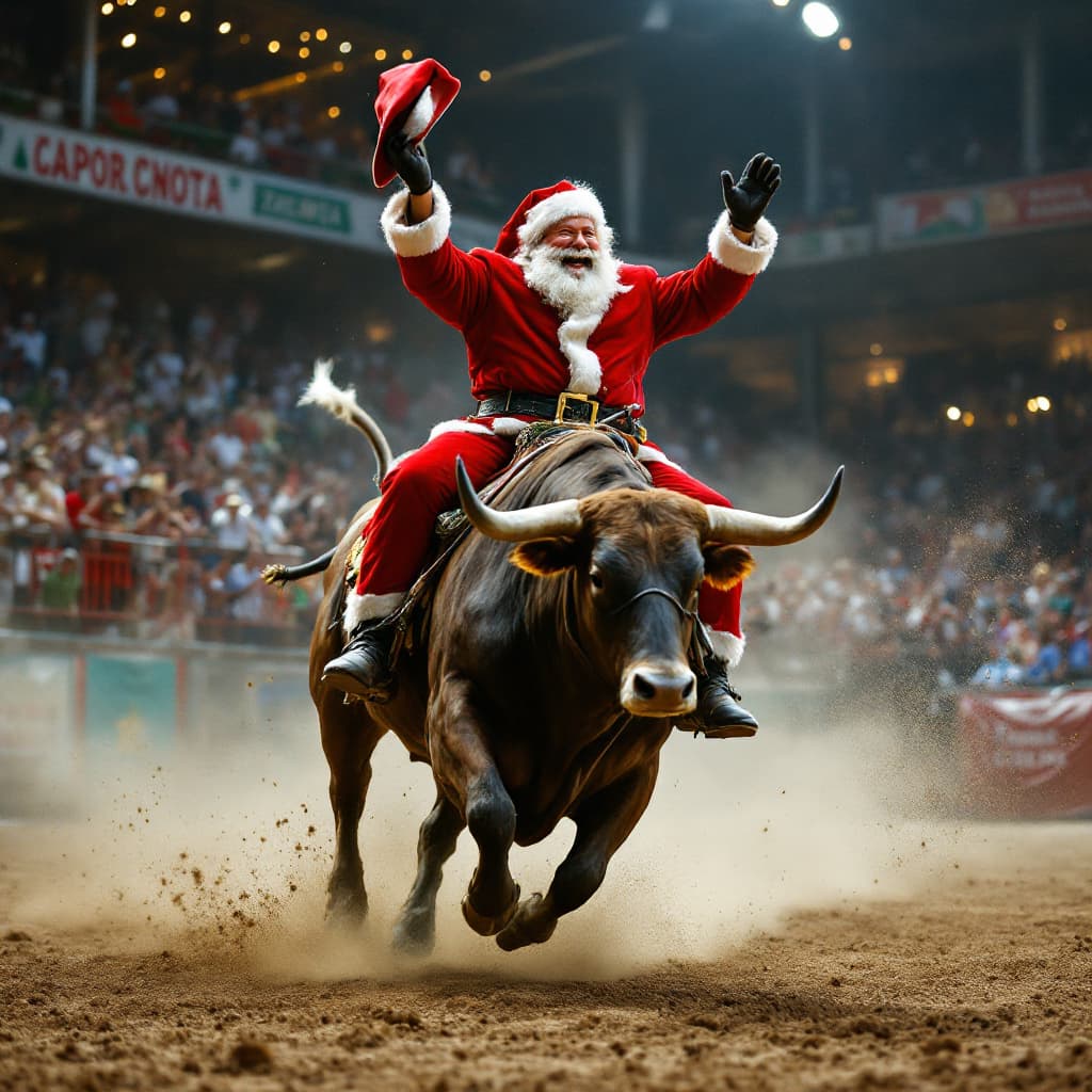 AI generated: Santa Claus, portrayed in stunning realism with intricate details, is riding a powerful bull in the ...