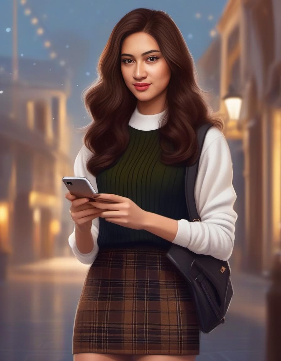 AI generated: Sweet girl holding a smartphone wearing a dark sweater and checkered mini skirt, with long dark brow...