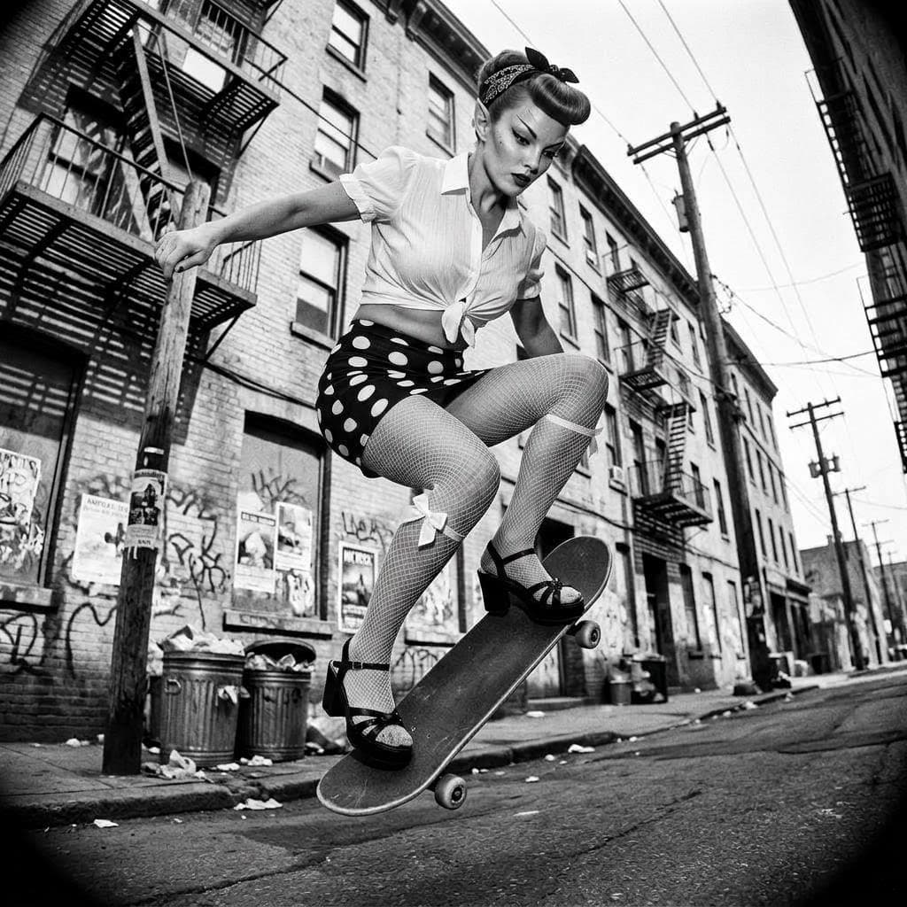 AI generated: Dress the skate girl with the outfit of the other girl provided, don't change the facem hairstyling,...