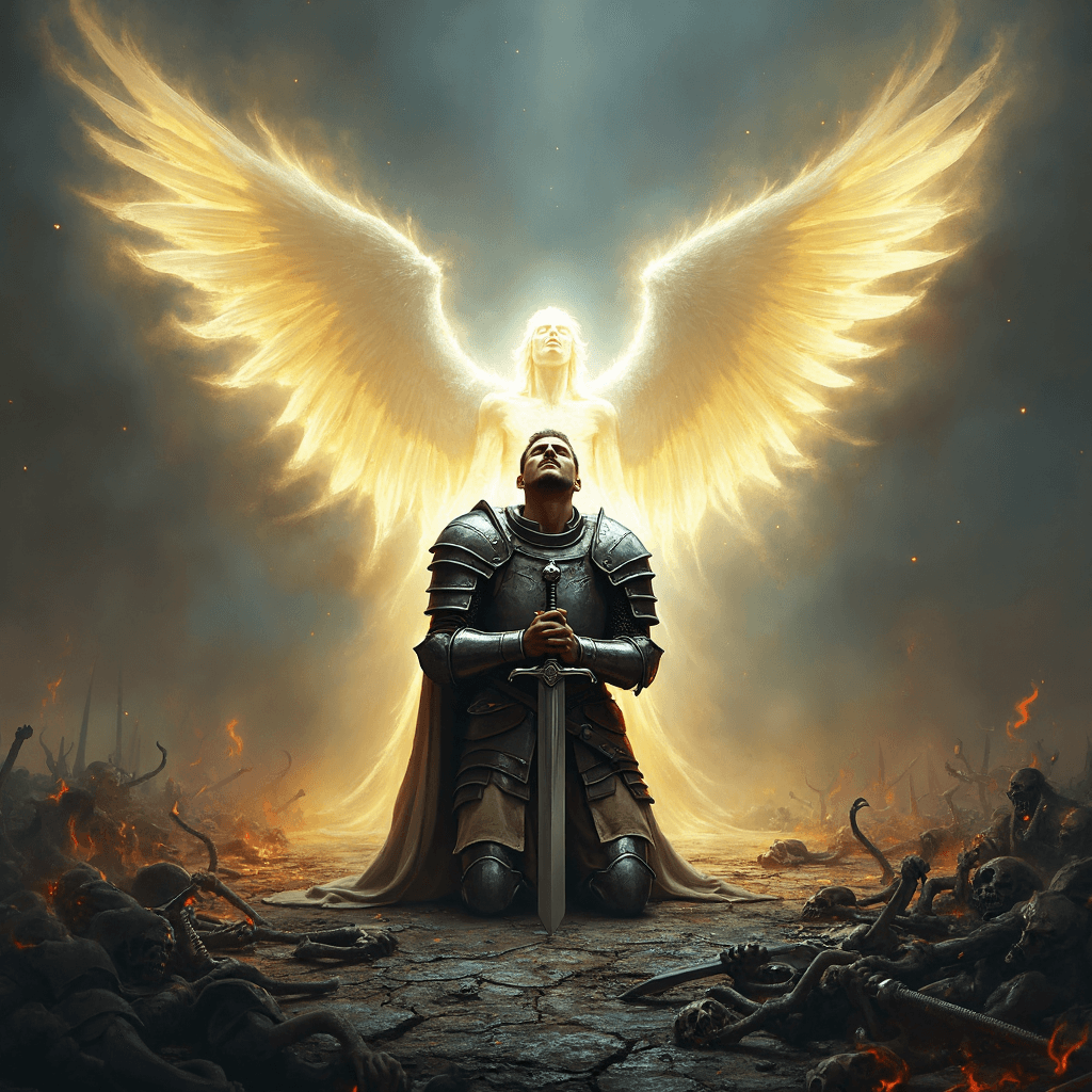 AI generated: A devout paladin, clad in battered and weathered armor, kneels solemnly on a scorched battlefield sh...