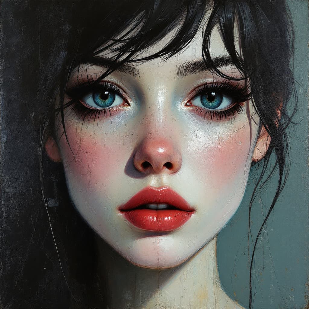 AI generated: artistic, oil painting, face, portrait of girl, empty eyes, grainy touch, minimalist avant-garde, ri...