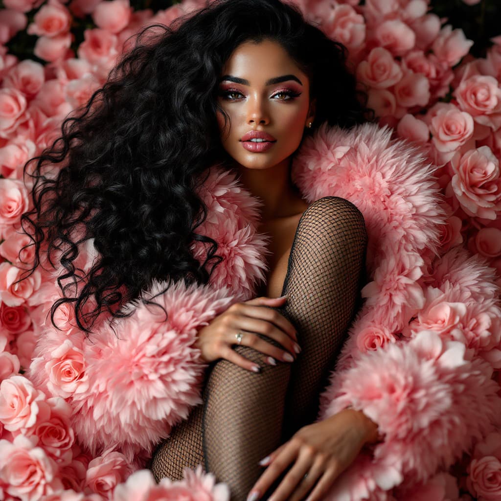 AI generated: A stunning woman with luscious, curly black locks cascading down to her chin, enveloped in a luxurio...
